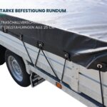 Xstrong Pro 300 Anhänger Abdeckplane mit ultraschallverschweißten Ösen, Edelstahlringen alle 25 cm und elastischem Gummiseil für eine sichere Befestigung rundum