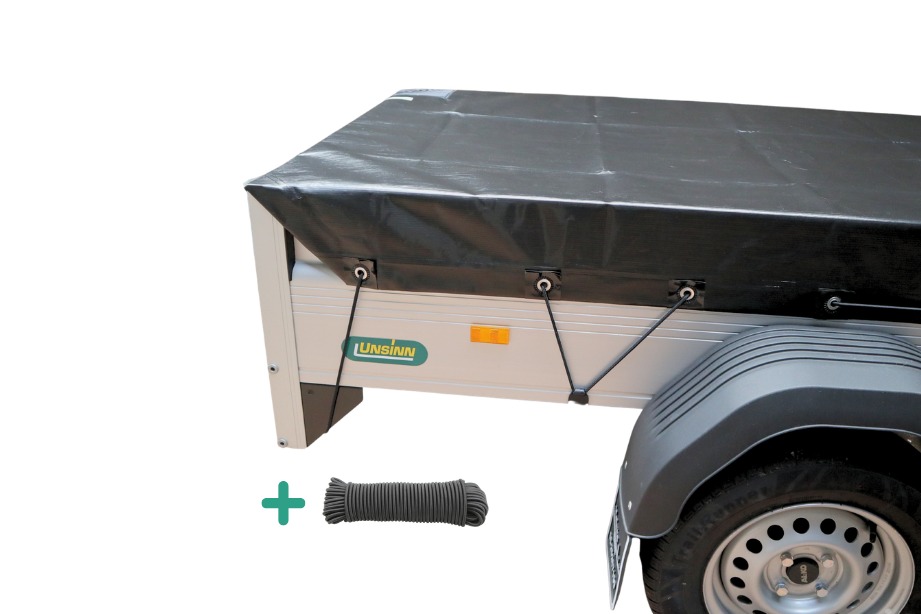 Kleiner Anhänger komplett abgedeckt mit Xstrong Pro 300 Abdeckplane schwarz, langlebige wasserdichte Anhaenger plane