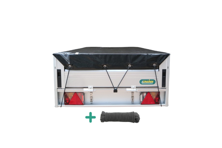 Schwarze Anhängerplane Xstrong Pro 300 Rückansicht, wasserdichte Abdeckung für kleinen Anhänger